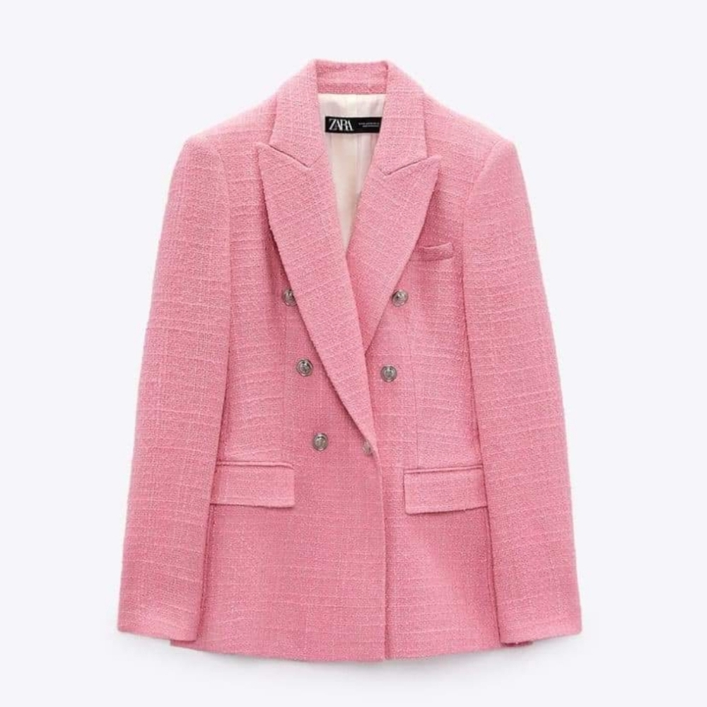 Zara Textured Tweed  Double Breasted  Blazer pink size S - Picture 7 of 17